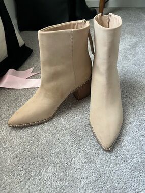 Women’s Beige Pointed Toe Ankle Boots with Stud Trim